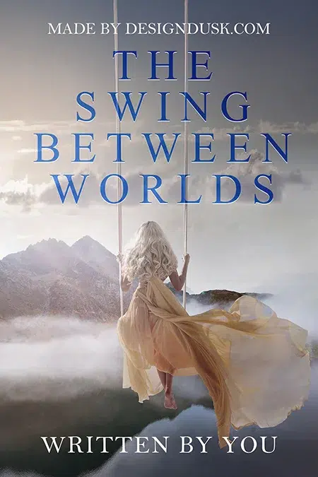 Fantasy woman on a swing between worlds with mountains and clouds in the background, ethereal dress flowing