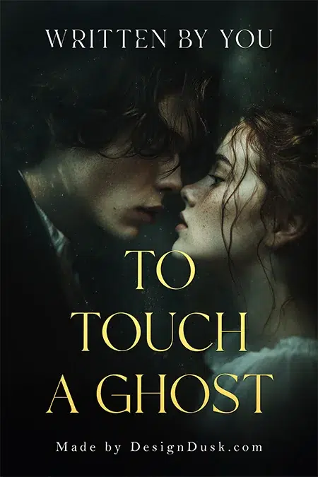 Premade paranormal romance book cover design featuring a ghostly couple in an intimate, ethereal embrace