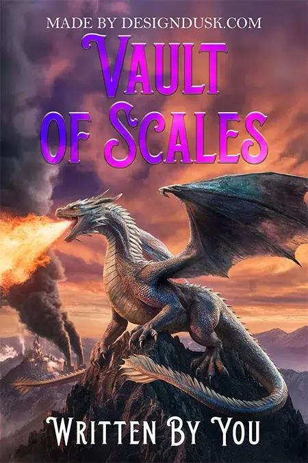Ferocious dragon breathing fire over a fantasy kingdom at sunset, perched on a rocky peak