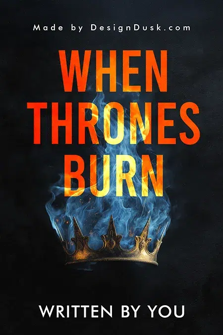 Fantasy premade book cover featuring a golden crown engulfed in blue flames against a dark background, symbolizing power and rebellion
