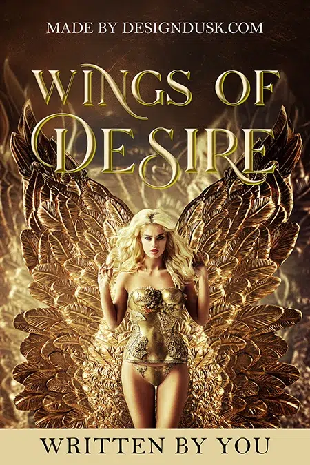 Golden fantasy woman with glowing wings in ornate armor standing in a powerful pose