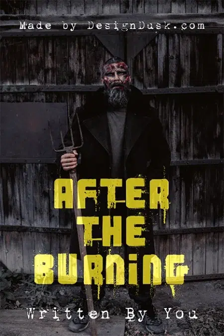 Dark post-apocalyptic man with a pitchfork and burned face standing in front of a wooden gate