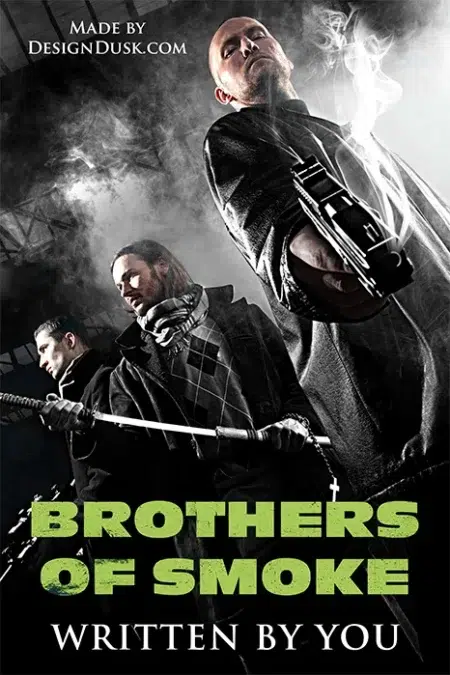 Three armed men in dramatic lighting holding weapons, standing in a smoky urban environment