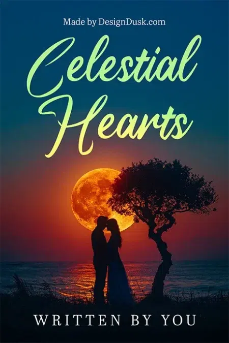 Romantic couple kissing at sunset with a glowing full moon and tree silhouette by the ocean