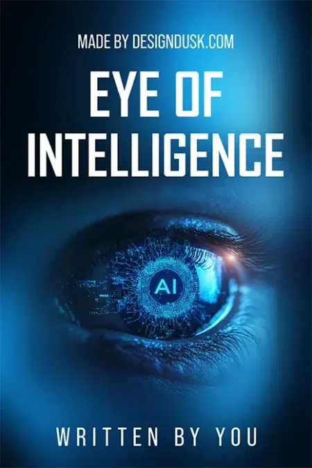 Close-up of a human eye with glowing blue AI interface and digital circuit patterns