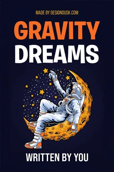 Illustrated astronaut floating on a crescent moon surrounded by stars in a whimsical space scene