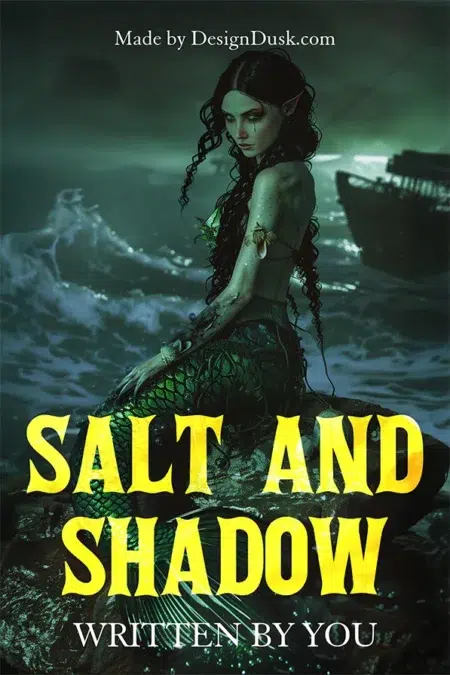 Dark fantasy mermaid with glowing green tail sitting on a rock in stormy ocean near a shadowy ship