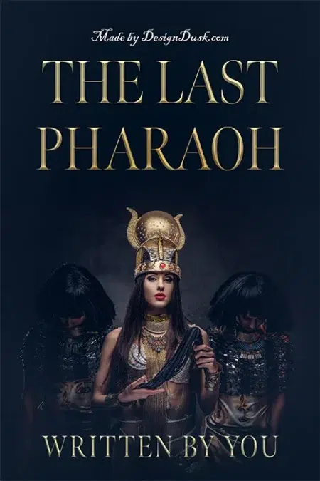 Regal woman in golden Egyptian headdress holding a sword, flanked by two dark-robed guards in ancient setting