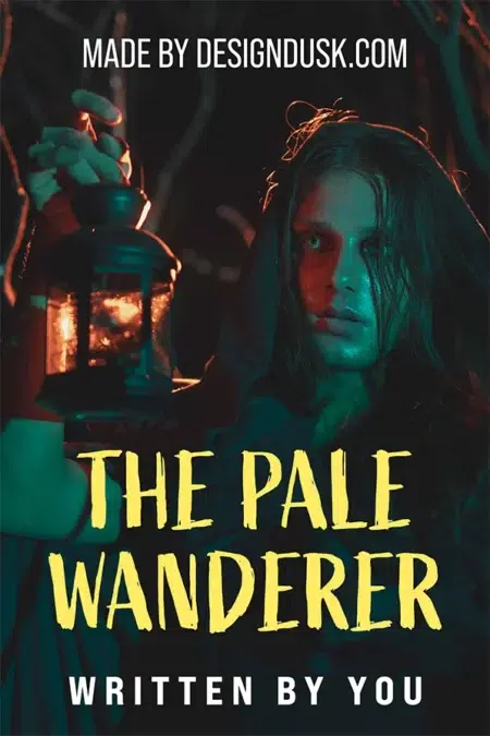 Pale mysterious man with long hair holding a lantern in a dark forest with eerie lighting