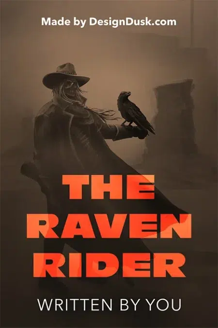 Mysterious cowboy figure with long coat and wide-brimmed hat holding a raven in a dusty, desolate landscape