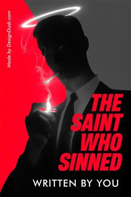 Dark noir-style man in a suit lighting a cigarette with a glowing halo above his head, red and black color scheme