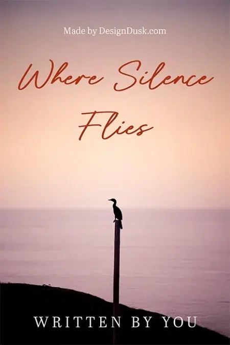 Silhouette of a lone bird perched on a post overlooking a calm sea at sunset with a soft pink sky