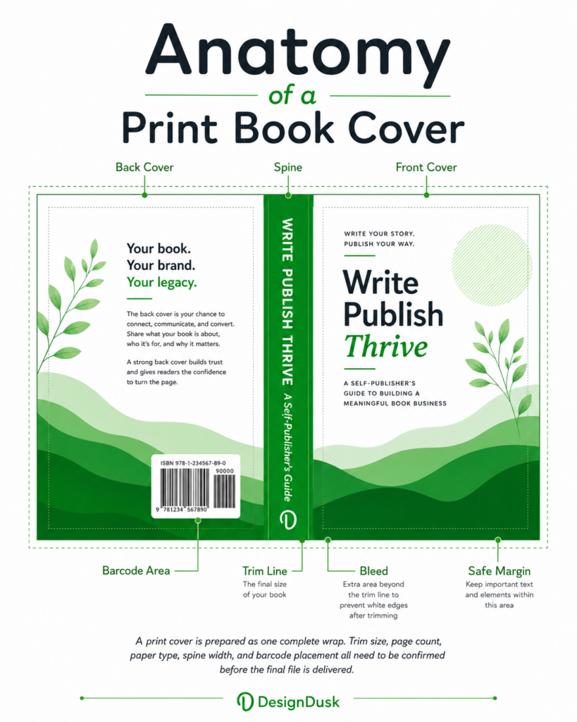 Anatomy of a print book cover diagram labeling back cover, spine, front cover, ISBN barcode area, trim line, bleed, and safe margin