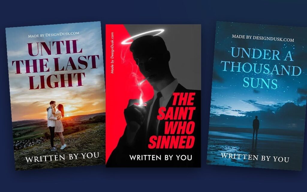 Three DesignDusk premade book covers - romance, crime and atmospheric - shown as tilted cards