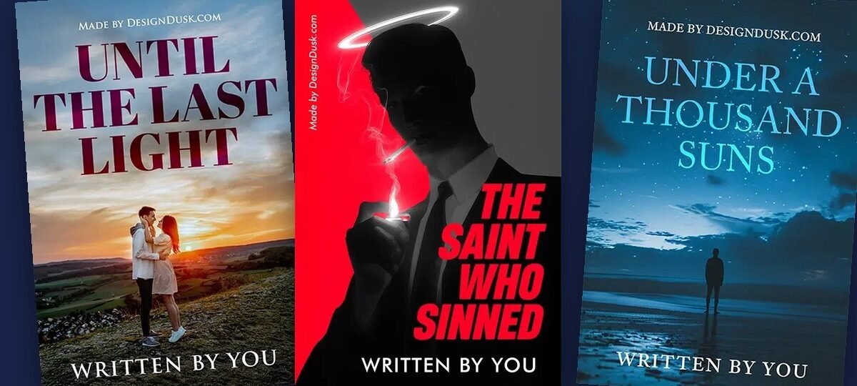 Three DesignDusk premade book covers - romance, crime and atmospheric - shown as tilted cards