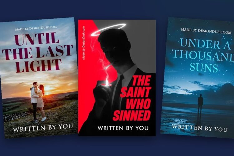 Three DesignDusk premade book covers - romance, crime and atmospheric - shown as tilted cards