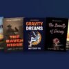 Five premade book covers from five genres fanned out on a navy background