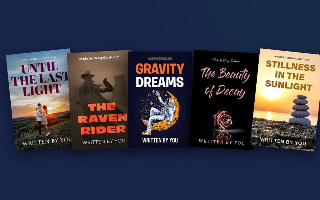 Five premade book covers from five genres fanned out on a navy background