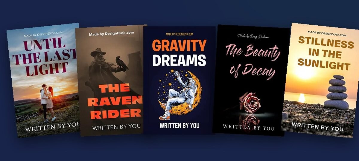 Five premade book covers from five genres fanned out on a navy background