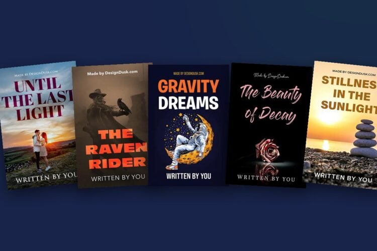 Five premade book covers from five genres fanned out on a navy background