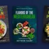Three premade cookbook covers from DesignDusk on a navy background