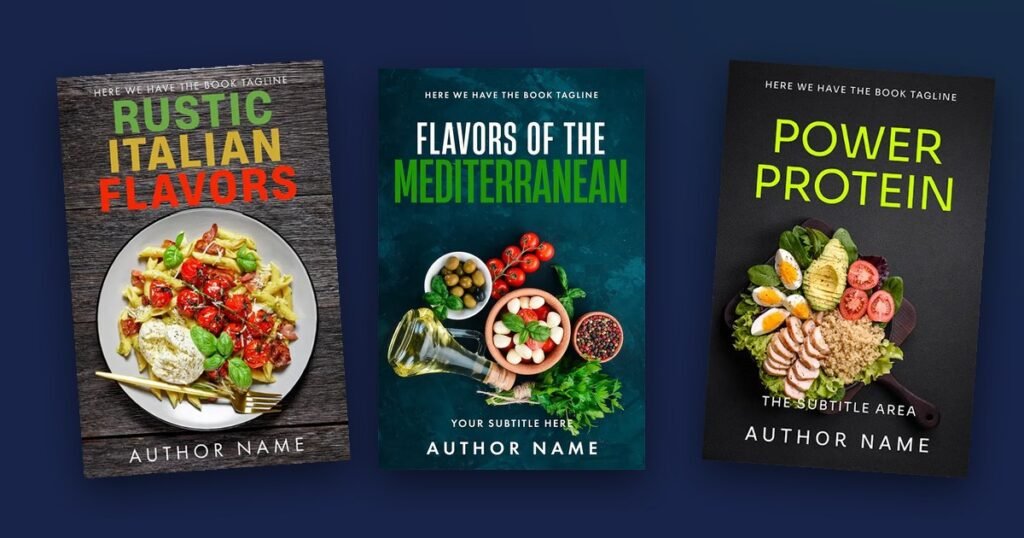Three premade cookbook covers from DesignDusk on a navy background
