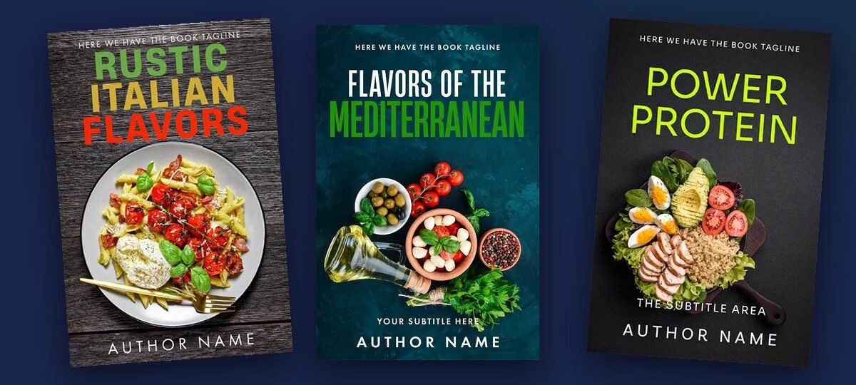 Three premade cookbook covers from DesignDusk on a navy background