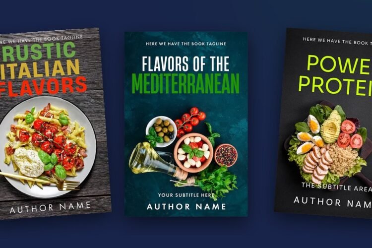 Three premade cookbook covers from DesignDusk on a navy background