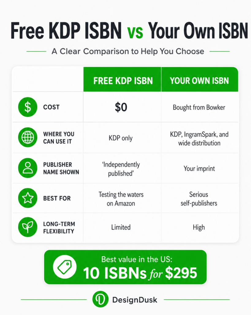 Comparison chart of a free KDP ISBN versus buying your own ISBN: cost, where each can be used, publisher name shown, and long-term flexibility