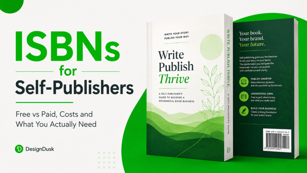 ISBNs for Self-Publishers guide — paperback and hardcover book mockup showing an ISBN barcode on the back cover
