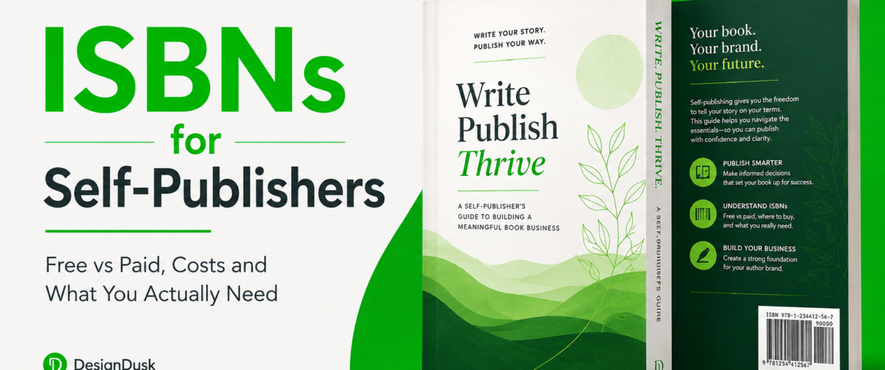ISBNs for Self-Publishers guide — paperback and hardcover book mockup showing an ISBN barcode on the back cover