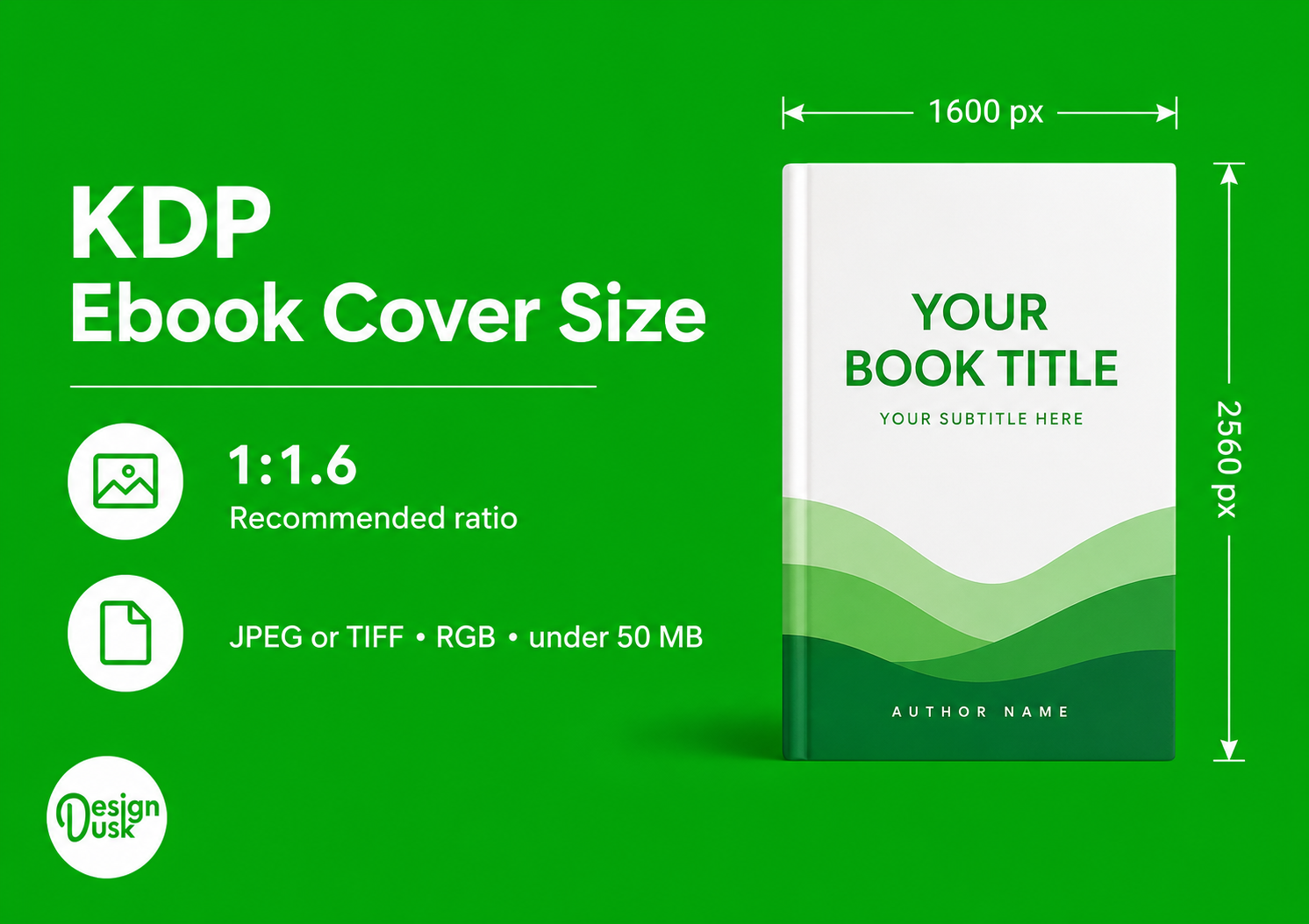 KDP ebook cover size infographic showing the recommended 1600 by 2560 pixel Kindle book cover size, 1:1.6 ratio, JPEG or TIFF format, RGB color, under 50 MB