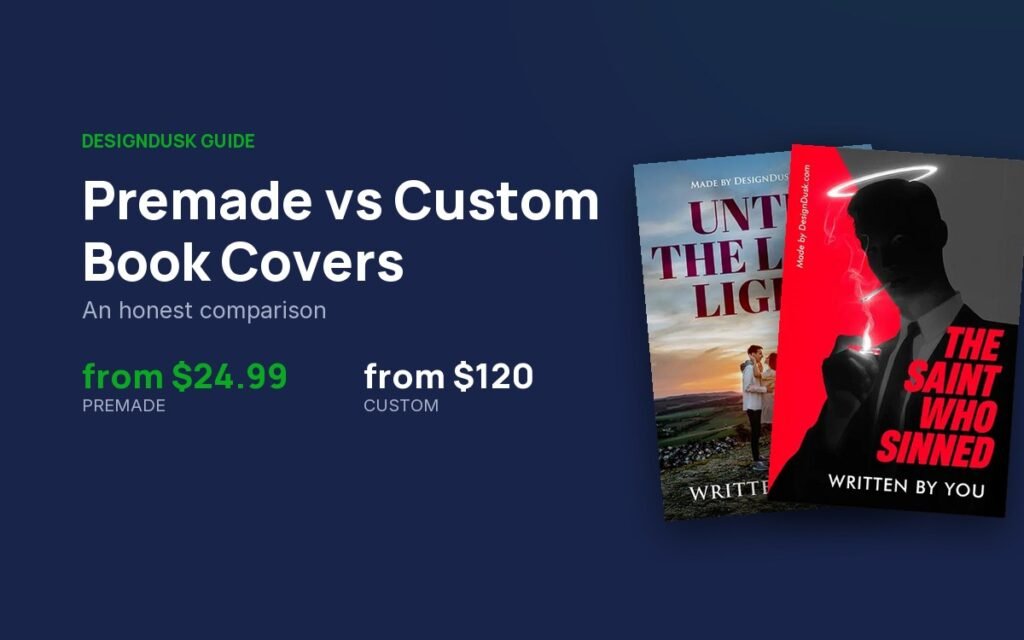 Two DesignDusk premade book covers beside the entry prices: premade from $24.99, custom from $120