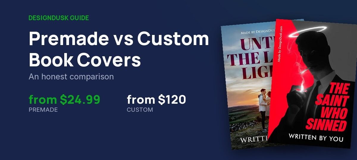 Two DesignDusk premade book covers beside the entry prices: premade from $24.99, custom from $120