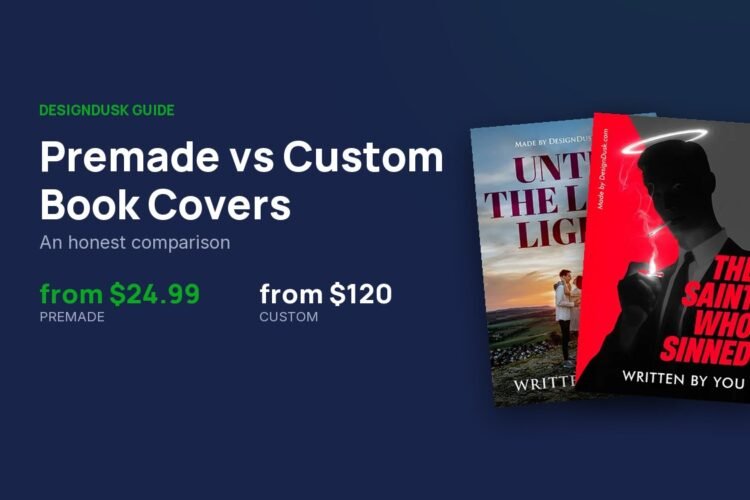 Two DesignDusk premade book covers beside the entry prices: premade from $24.99, custom from $120