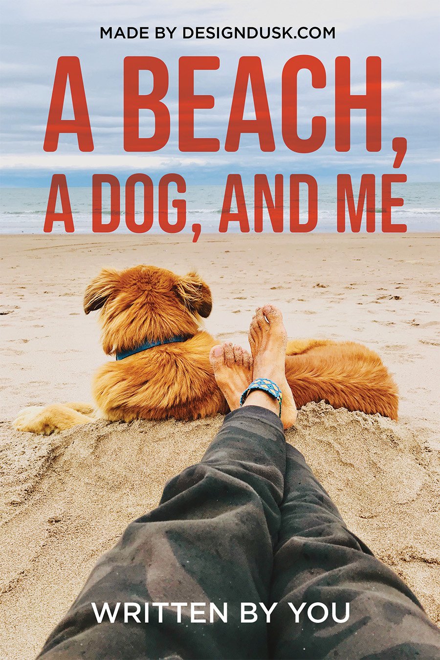 A person rests barefoot on a sandy beach beside a golden dog while looking toward the sea.