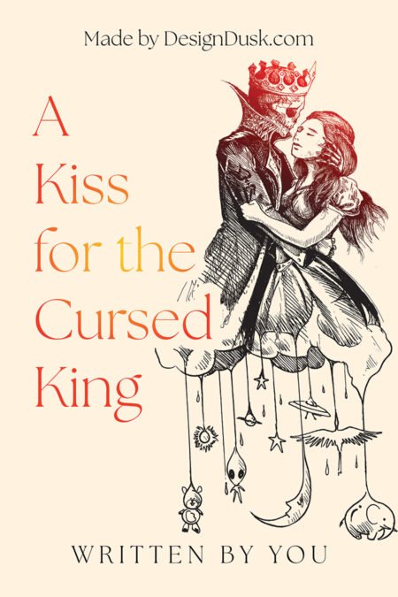 An illustrated crowned king embraces a woman while strange creatures and celestial charms hang from her dress.