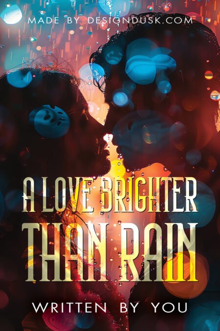 The dark silhouettes of a couple lean close beneath glowing blue and orange rain and blurred city lights.