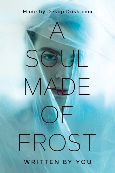 A pale face peers through translucent blue ice and white frost in a cold, misty close-up.