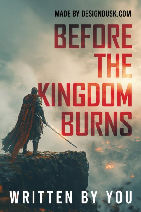 An armoured warrior with a red cape and sword stands on a cliff above a kingdom burning beneath a smoky sky.