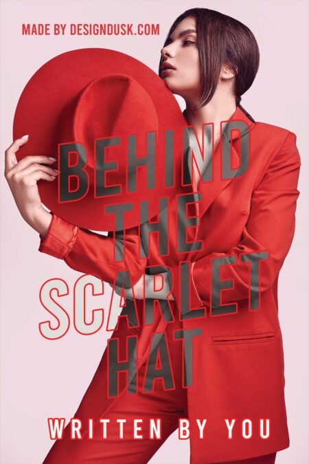A stylish woman in a red suit holds a large scarlet hat against a pale pink background.