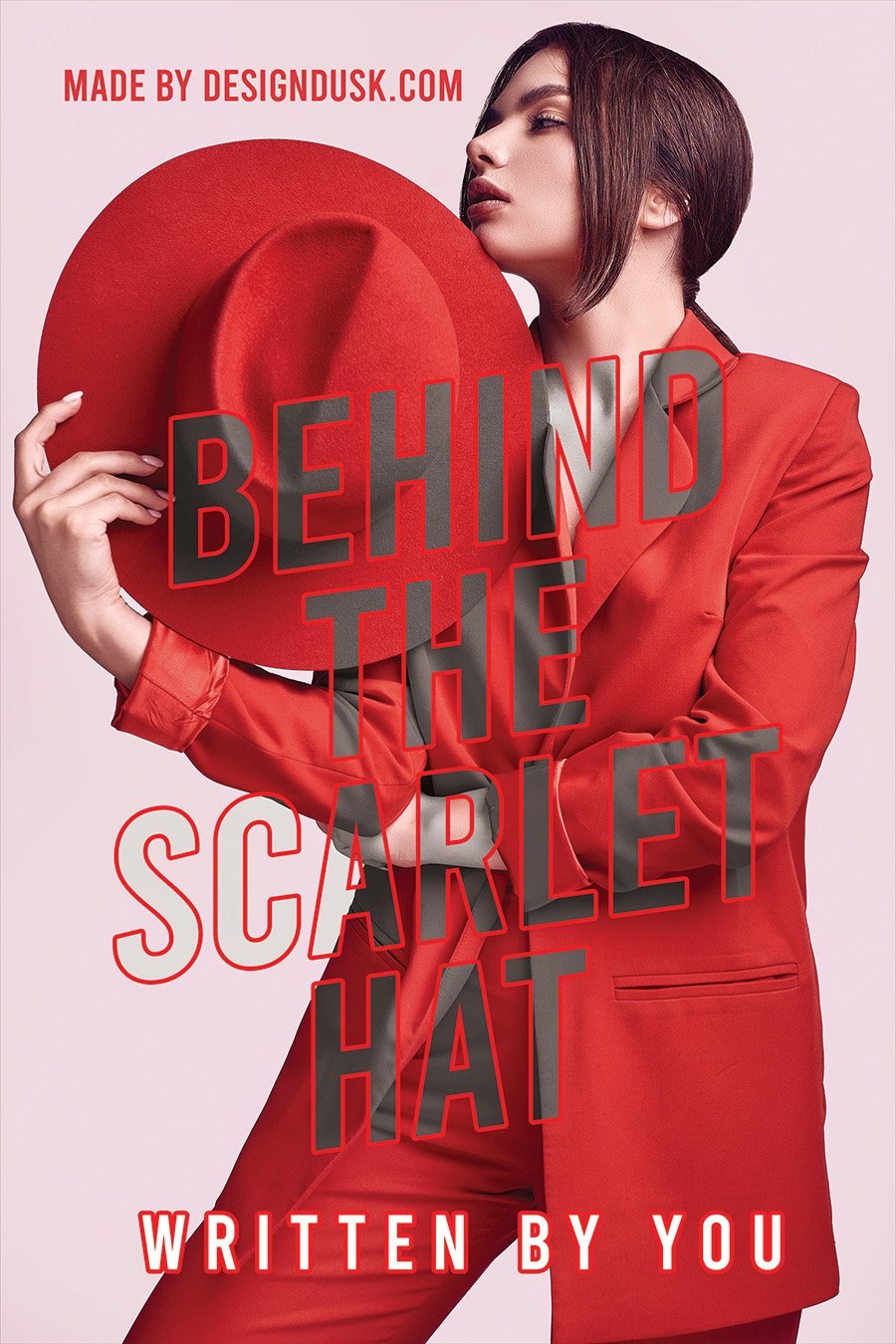 A stylish woman in a red suit holds a large scarlet hat against a pale pink background.