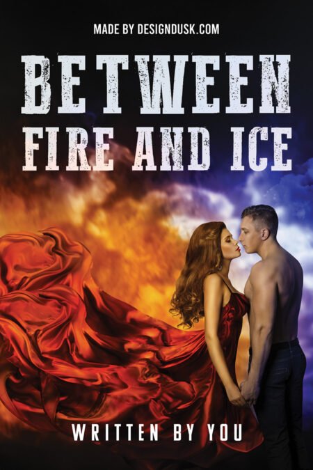 A woman in a flowing red dress stands close to a shirtless man between orange flames and blue icy clouds.