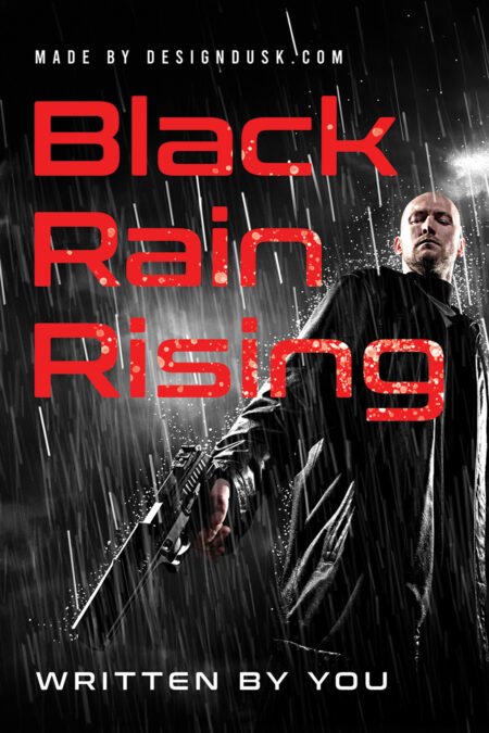 A bald man in a black coat holds a handgun while standing in heavy rain against a dark background.