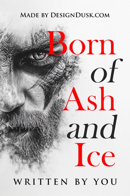 A close-up black-and-white portrait shows a bearded man whose face appears cracked, burned, and covered with frost.