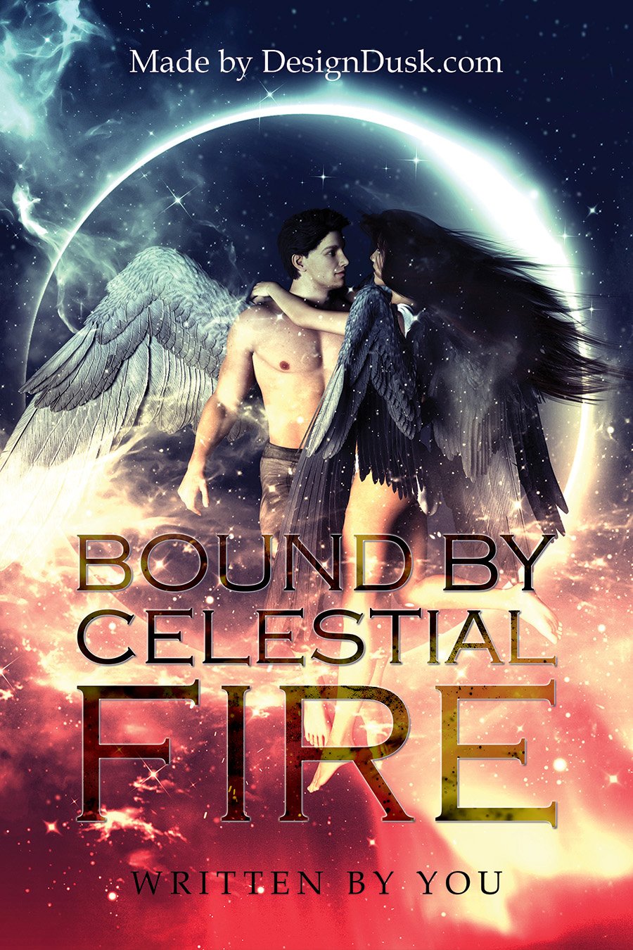 A white-winged man and black-winged woman embrace beneath a glowing celestial ring in a star-filled sky.