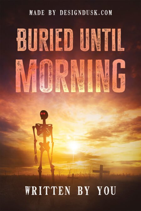A tall skeleton with glowing red eyes stands among grave markers against a fiery orange sunrise.