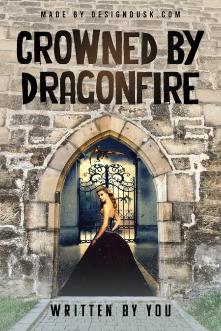 A woman in a dark gown stands inside a stone castle entrance while a dragon flies beyond an iron gate.