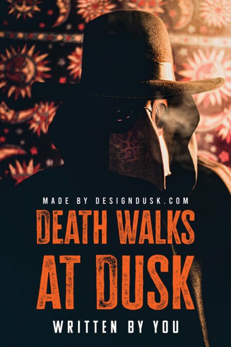 A shadowed figure wearing a plague doctor mask and wide black hat stands against a patterned orange background.