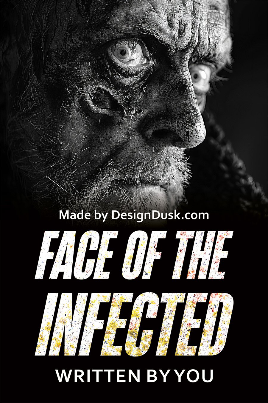 A scarred and decaying man's face stares sideways in a harsh black-and-white close-up.